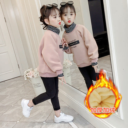 Girls sweatshirt 2024 new winter wear plus velvet thickened bottoming shirt casual girl sports fake two-piece top coat