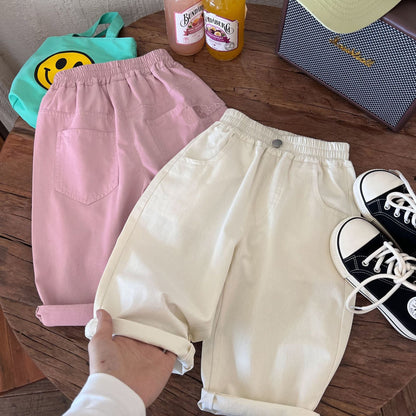 Children's clothing and pants 2024 summer new boys' solid color embroidered trendy shorts children's versatile casual cropped pants