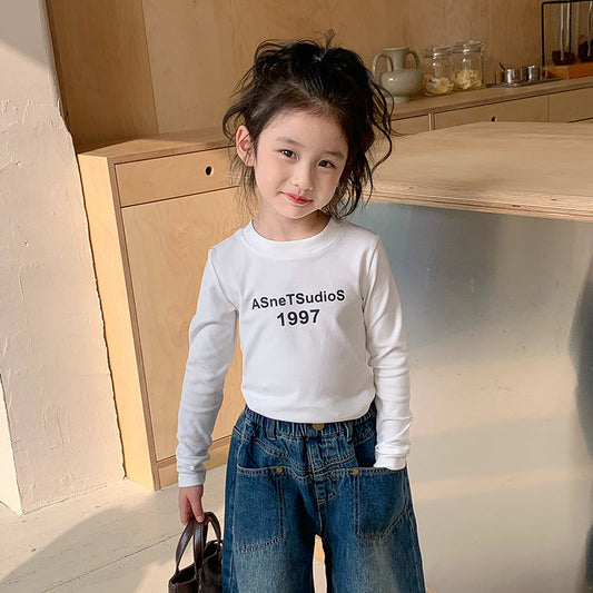 Korean children's clothing 2024 spring new children's letter print short tight top girls casual long-sleeved T-shirt