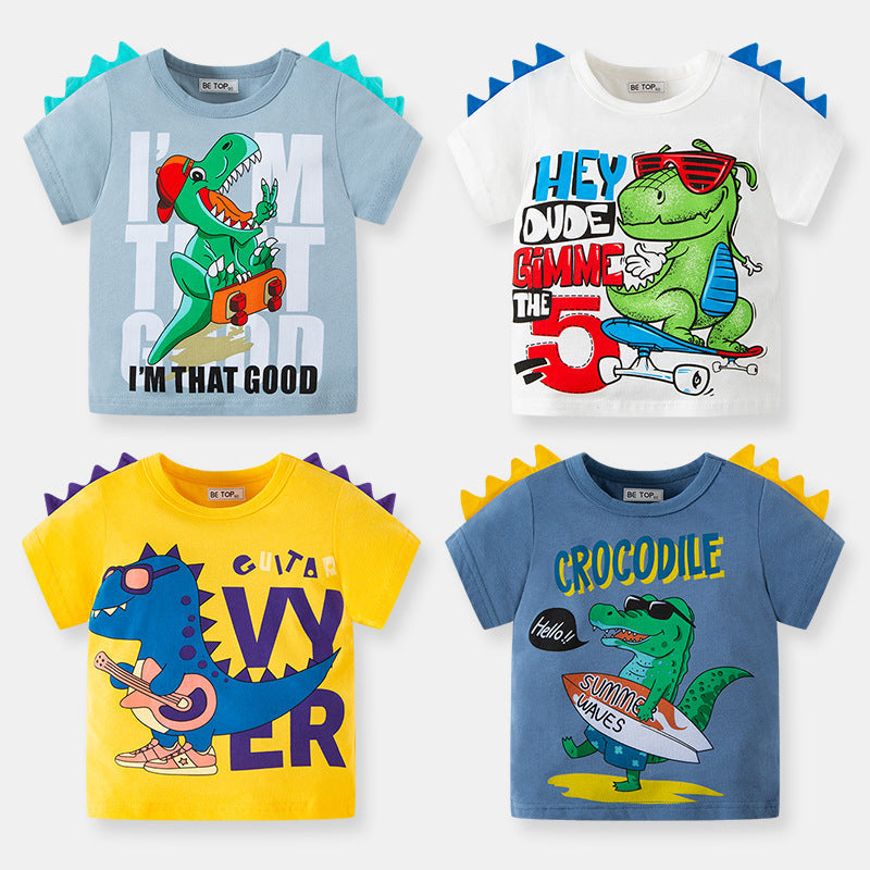 2024 New Dinosaur 3D Children Cartoon Short Sleeve T-shirt Boy Baby Knitted Top Wholesale One Piece Dropshipping