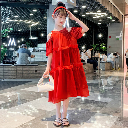 Girls summer seaside long skirt beach skirt retro chiffon French travel vacation loose sling fairy elegant red