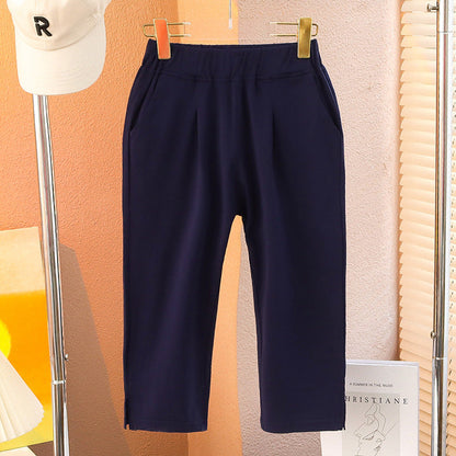 Summer girls' elastic cropped pants thin loose fat cotton elastic middle and large children's outer wear wide-leg pants sports shorts