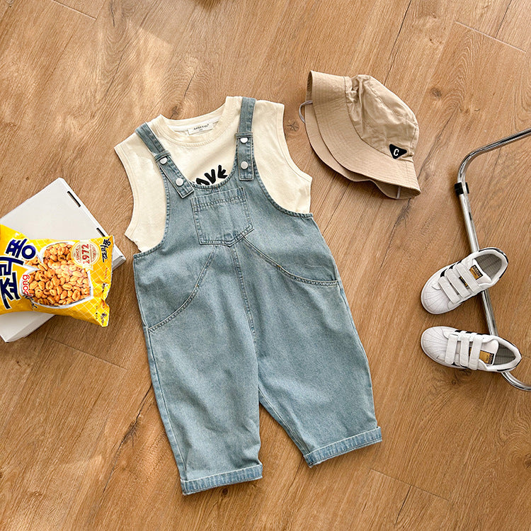 Children's clothing children's denim overalls 2024 summer new boys and girls baby fashionable loose casual jumpsuit trend