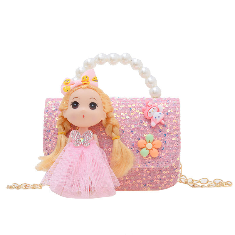 New style children's bag fashion pearl handbag cartoon doll shoulder bag girls chain crossbody bag wholesale 