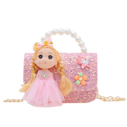 New style children's bag fashion pearl handbag cartoon doll shoulder bag girls chain crossbody bag wholesale 