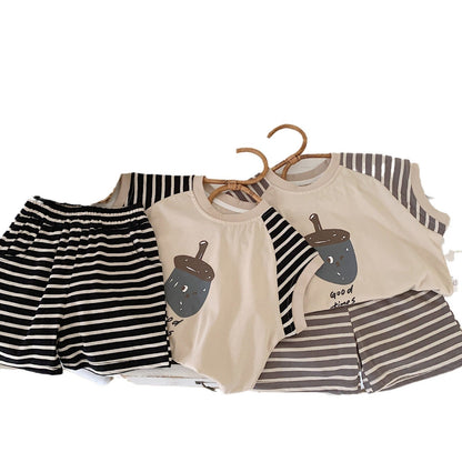 Children's suit Bangcheng 2024 summer boys new striped splicing vest + shorts children's clothing two-piece suit G0120