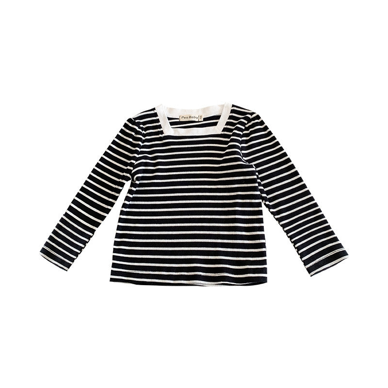 Korean children's clothing 2022 spring new children's bottoming shirt girls square collar striped long-sleeved T-shirt pure cotton top trend