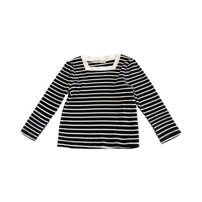 Korean children's clothing 2022 spring new children's bottoming shirt girls square collar striped long-sleeved T-shirt pure cotton top trend