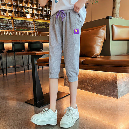 Girls' summer cropped trousers loose elastic outer cotton cuffs thin style middle and large children's sports casual trousers trendy