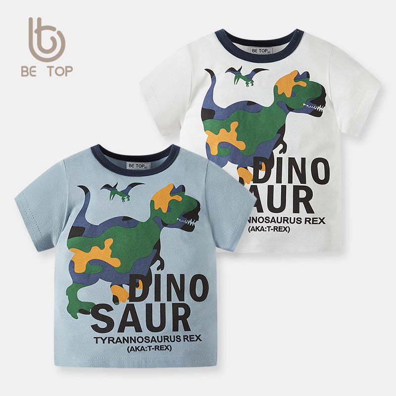 Boys T-shirt summer clothes 2024 new summer children's short-sleeved camouflage dinosaur thin style knitted sweater top trend