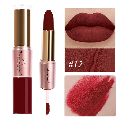 Cross-border cosmetics MAXFINE two-in-one lipstick set wholesale foreign trade non-stick cup matte no logo factory