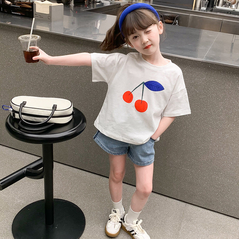 Girls Summer Short-sleeved T-shirt Cotton Top Children's Summer Style Net Red Cherry Print Kindergarten Elementary School Loose Elastic