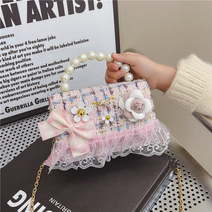 Small Chanel style pearl handbag fashionable lace edge small square bag children's shoulder bag versatile girl's crossbody bag 