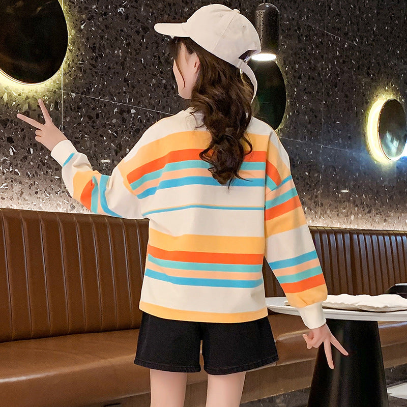 Girls Spring and Autumn Striped Top Pullover Elastic Loose Korean Style Color Stripes Medium and Large Children Rainbow Fat Large Edition Trendy