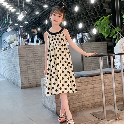 Girls summer cool sling big polka dot skirt cotton dress Japanese style sweet retro pure cotton cloth student