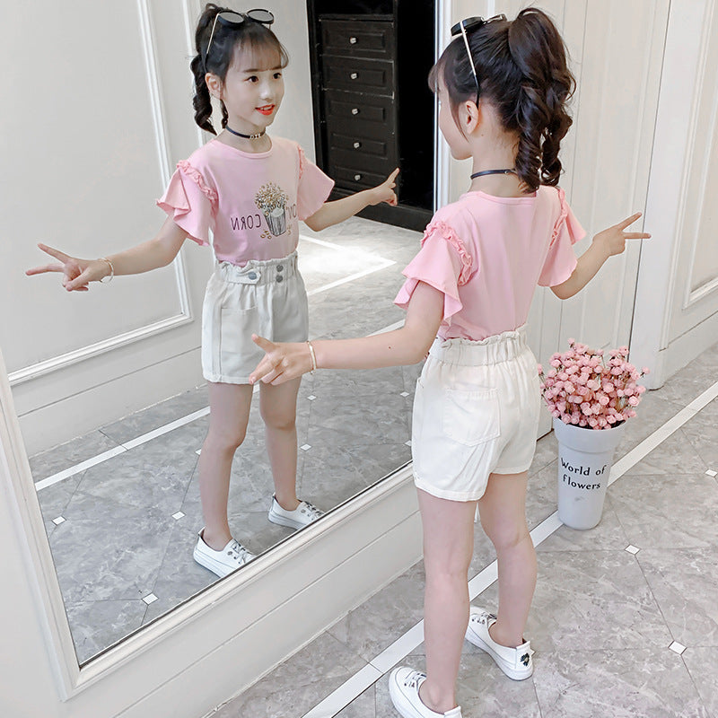 Girls short-sleeved T-shirt 2024 summer new style children's cartoon trumpet sleeve top little girl round neck T-shirt