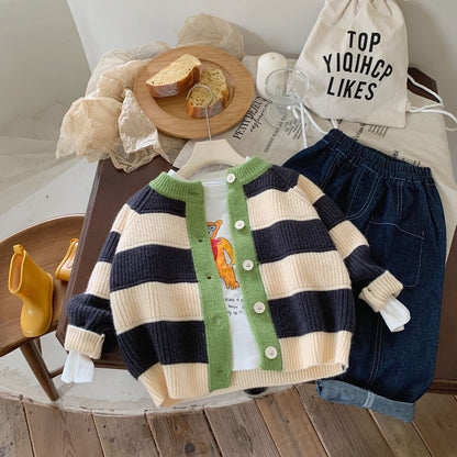 Children's sweater 2023 Bangcheng autumn and winter Korean version boys and girls striped color matching sweater jacket casual cardigan F0461