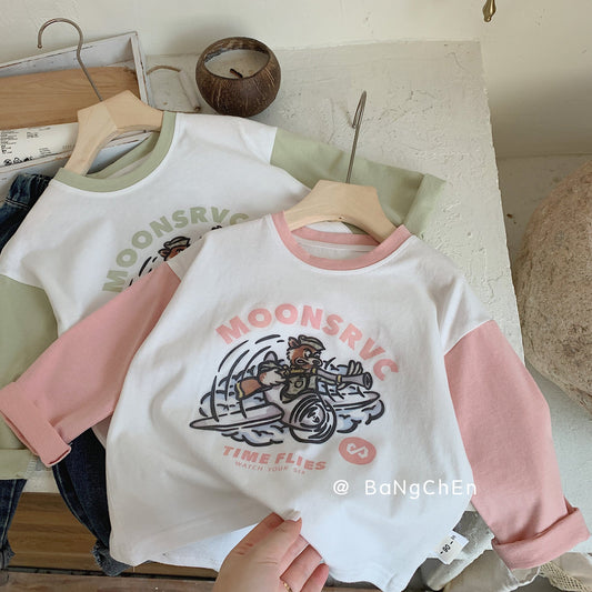 Children's T-shirt Bangcheng 2024 Spring Children's Clothing Cartoon Print Girls Pullover Boys Color Matching Top Trend G0067