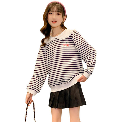 Girls Spring and Autumn Pullover Striped Shirt Doll Collar Small Chanel Style Wood Ear Edge Medium and Large Children Cotton Korean Style Outerwear Western Style