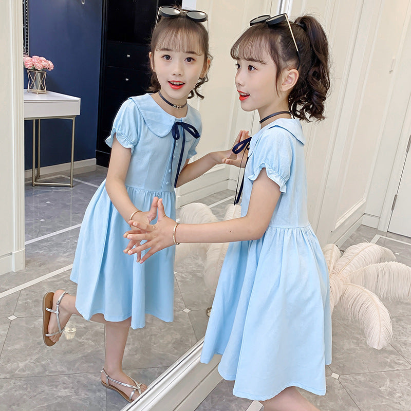 Girls short-sleeved dress summer new style solid color cotton dress pure cotton dress short-sleeved doll collar dress princess dress