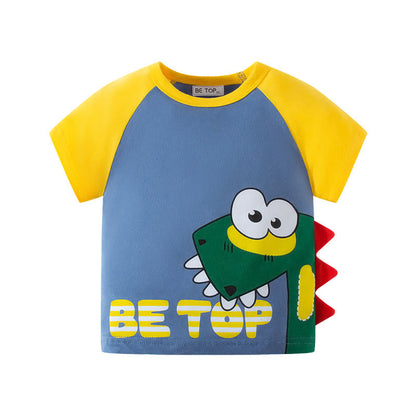 betop children's clothing 2024 new summer new children's short-sleeved cartoon dinosaur color matching pure cotton baby boy T-shirt