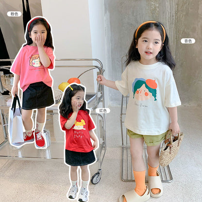 Korean children's clothing 2024 summer new children's short-sleeved girls baby trendy cartoon doll print T-shirt tops