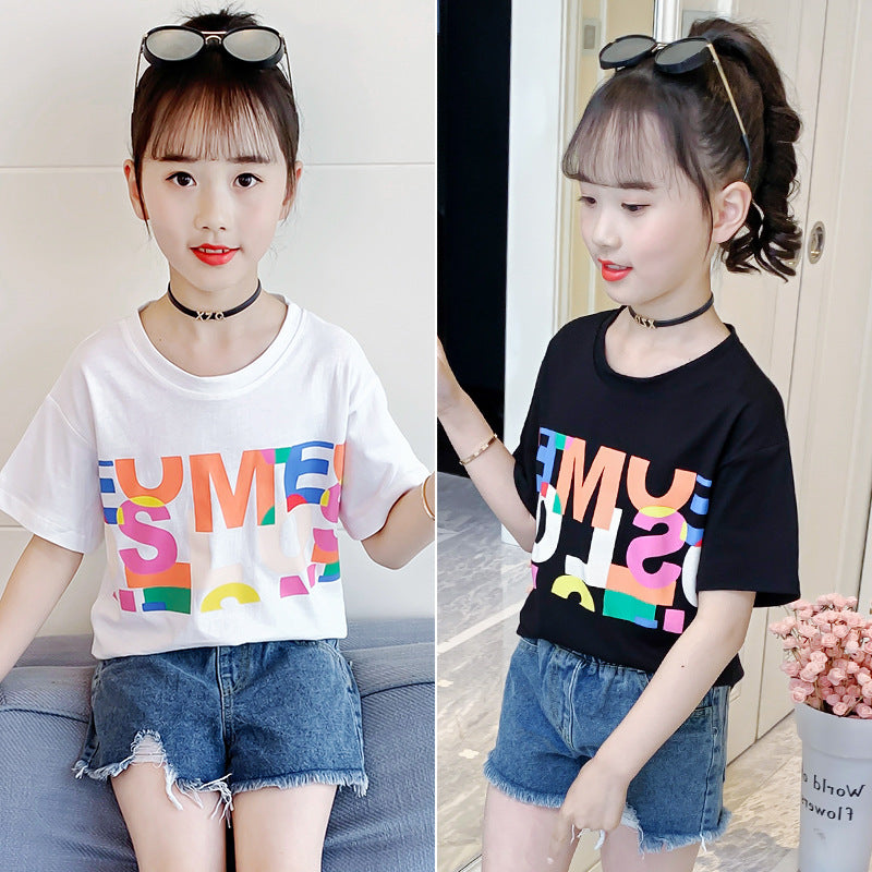 Girls summer short-sleeved T-shirt 2024 new style children's letter printed cotton top loose casual T-shirt