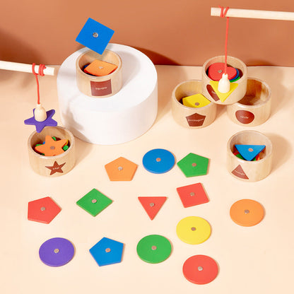 Children's wooden new magnetic fishing game geometric shape recognition color allocation parent-child interactive educational toy