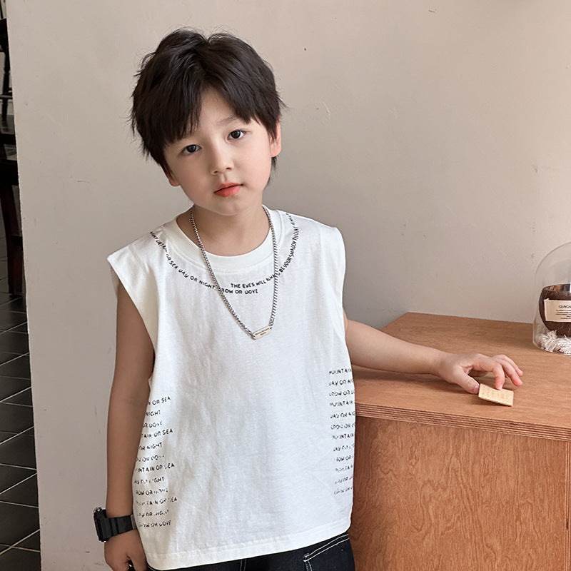 Amo Beibei boy 2024 summer Korean version handsome letter comfortable vest baby double yarn cotton loose sleeveless top