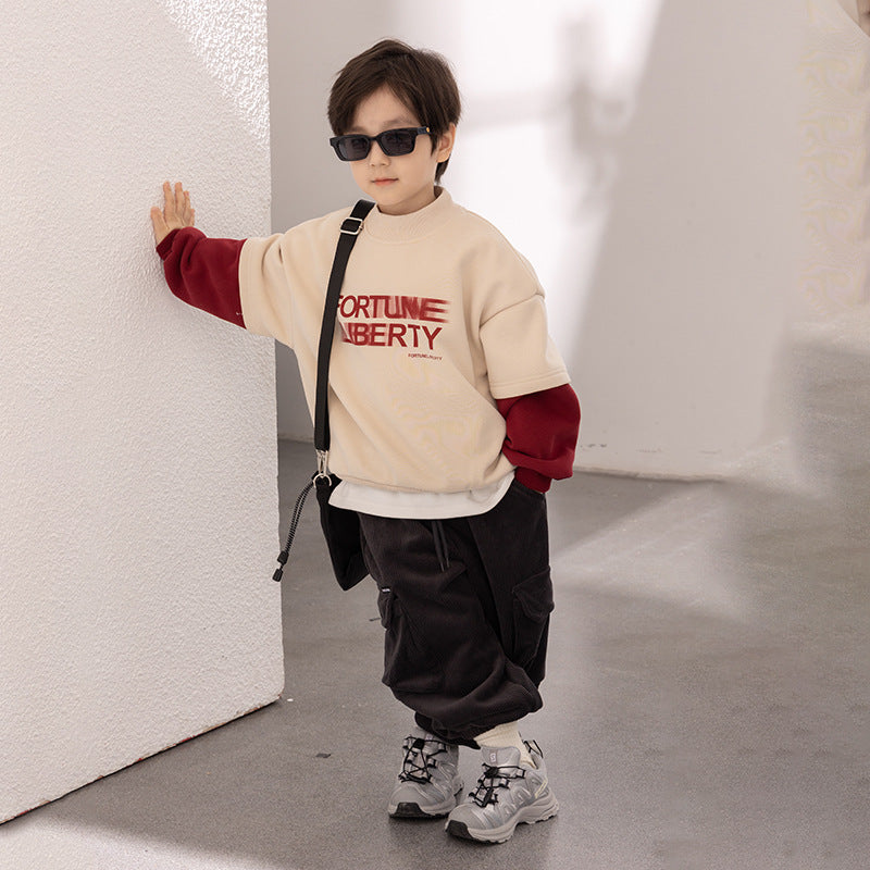 Amo Beibei 2023 Winter Boy Thickened Contrast Color Letter Top Baby Handsome Splicing Sleeve Fake Two-piece Sweatshirt