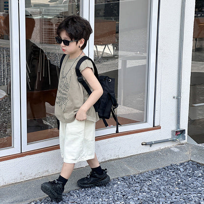 Amo Beibei children's tops 2024 boys summer style letter ice extract cotton comfortable vest baby loose bottoming shirt