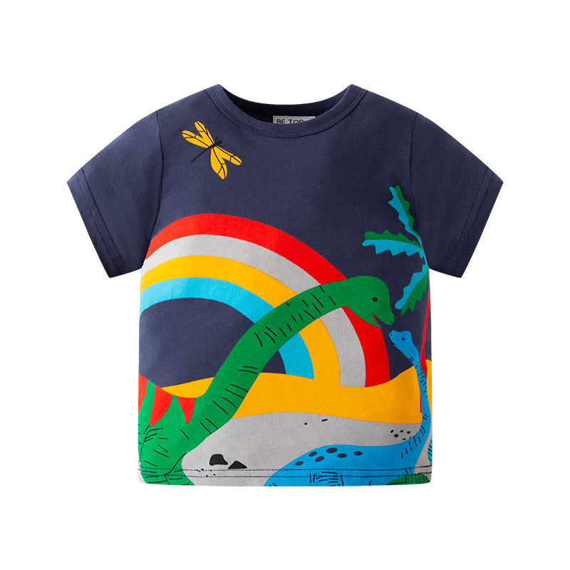 New style cartoon dinosaur children's T-shirt Korean summer clothes summer children's clothes wholesale boys short-sleeved outerwear tops