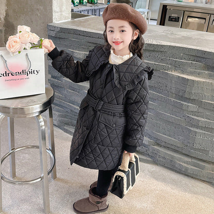 Girls 2024 new coat cotton, checkered quilted cotton , light cotton coat , extension belt , Korean style campus style jacket , fashionable