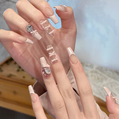 Wearable nail art nail tips wholesale ice transparent pure desire style Xiaohongshu hot-selling alloy bow nail stickers finished products