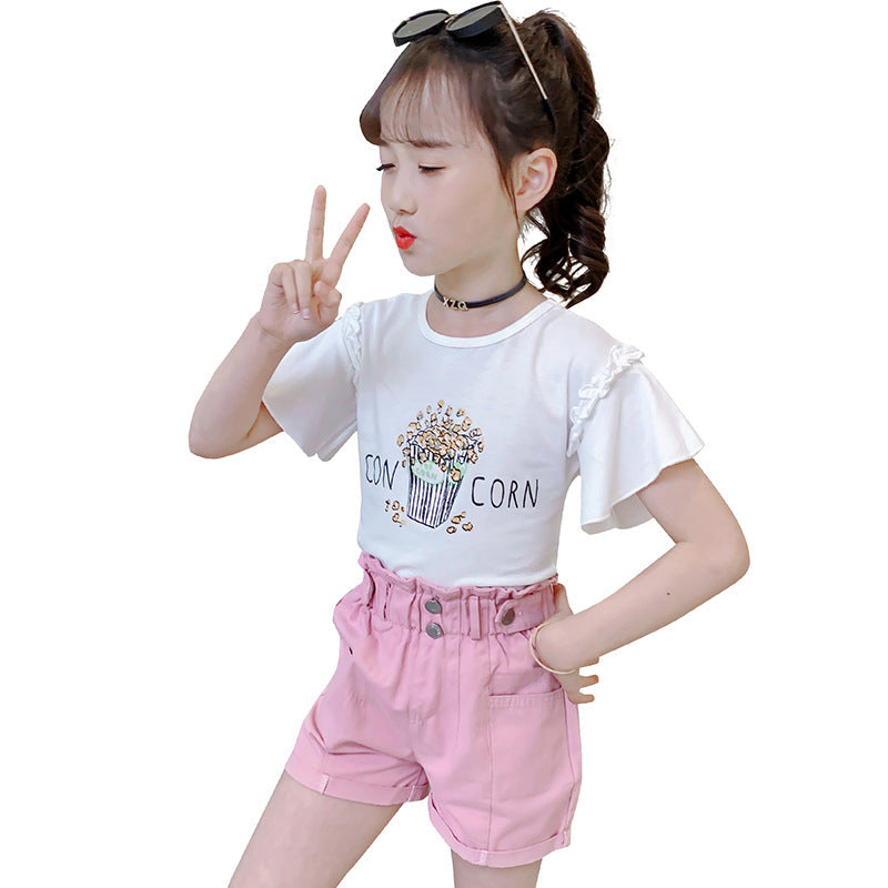 Girls short-sleeved T-shirt 2024 summer new style children's cartoon trumpet sleeve top little girl round neck T-shirt