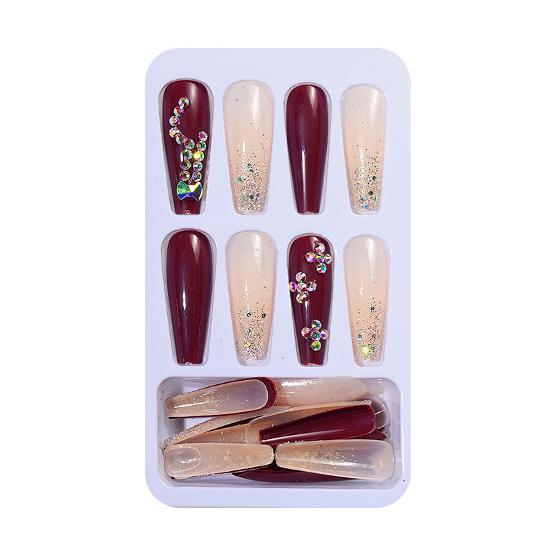 Manicure European and American wearable long ballet nails with diamond gradient color finished wearable nail pieces fake nail patches