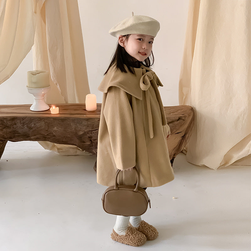 2023 Winter New Children's Tweed Coat Girls Baby Plus Velvet Thickened Bowknot Camel Cape Coat