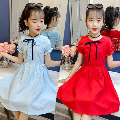 Girls short-sleeved dress summer new style solid color cotton dress pure cotton dress short-sleeved doll collar dress princess dress