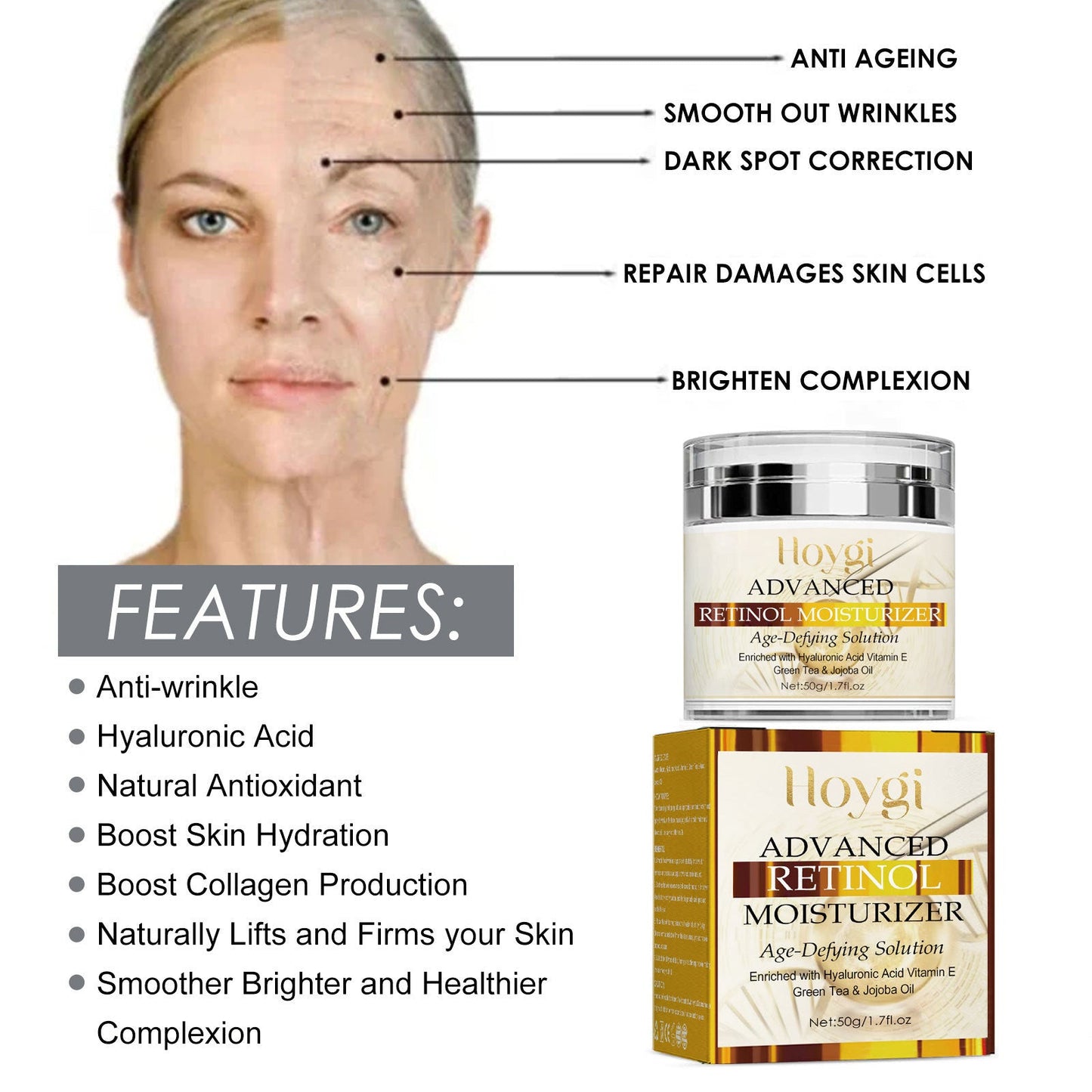 Hoygi Retinol Cream Lightens Fine Lines Lifts and Firms Facial Skin Brightens Skin Tone Repairs Moisturizing Cream 