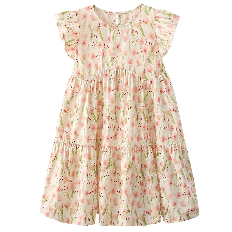 Summer girls floral dress pure cotton skirt fragrant wind flying sleeve vest cotton skirt medium and large children pink pastoral style dress