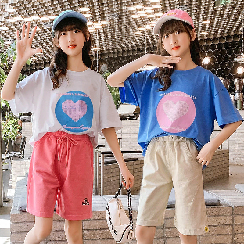 Girls summer cotton short-sleeved T-shirt cartoon print net celebrity top children's medium and large children's T-shirt knitted cotton sweater trend