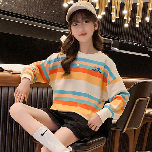 Girls Spring and Autumn Striped Top Pullover Elastic Loose Korean Style Color Stripes Medium and Large Children Rainbow Fat Large Edition Trendy