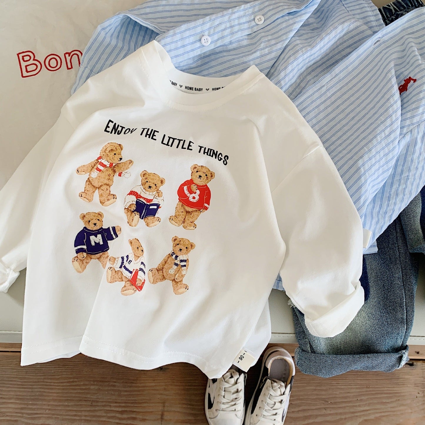 Children's T-shirt 2024 Bangcheng Spring New Boys and Girls Printed Cartoon Bear Casual Long Sleeve T-shirt Trend F0050