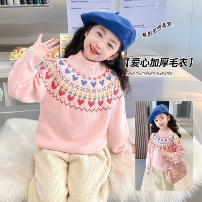 Girls winter sweater thickened love Korean style knitted pullover bottom line sweater for school wear kindergarten soft