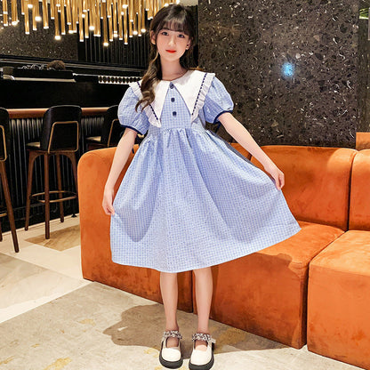 Girls summer French dress 2024 new medium and large children's puff sleeve princess dress square collar large collar cotton plaid skirt