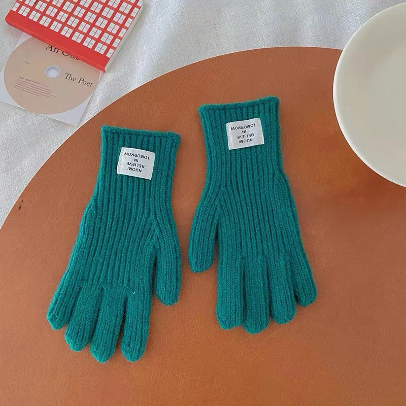 Children's 2023 winter thick wool warm color matching gloves for boys and girls baby letter label hole five-finger gloves