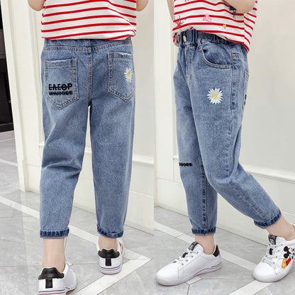 Girls jeans 2024 new spring and autumn children's middle and large children's fashionable long pants loose fashionable pants trend