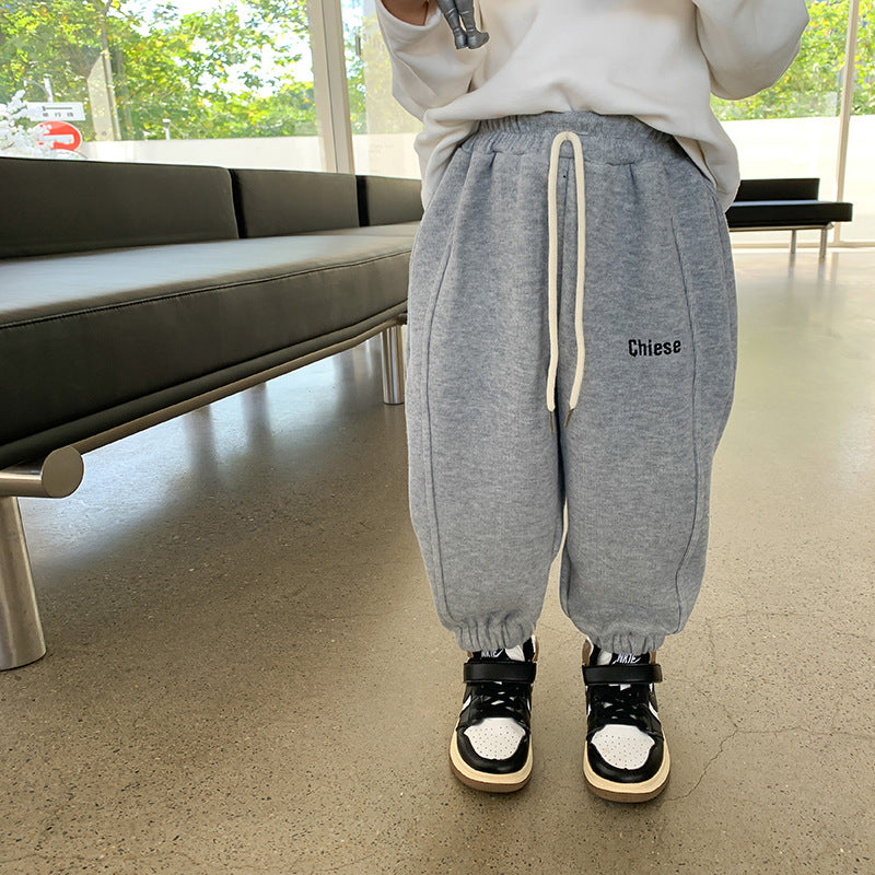 [Clearance Sale] 2023 Winter Pants Thickened Embroidered Letter Sweatpants Baby Warm Silver Fox Fleece Cuffed Trousers