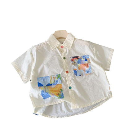 Children's shirt Bangcheng 2024 summer boys' colored button shirt children's clothing trendy painting pocket short sleeve G0263