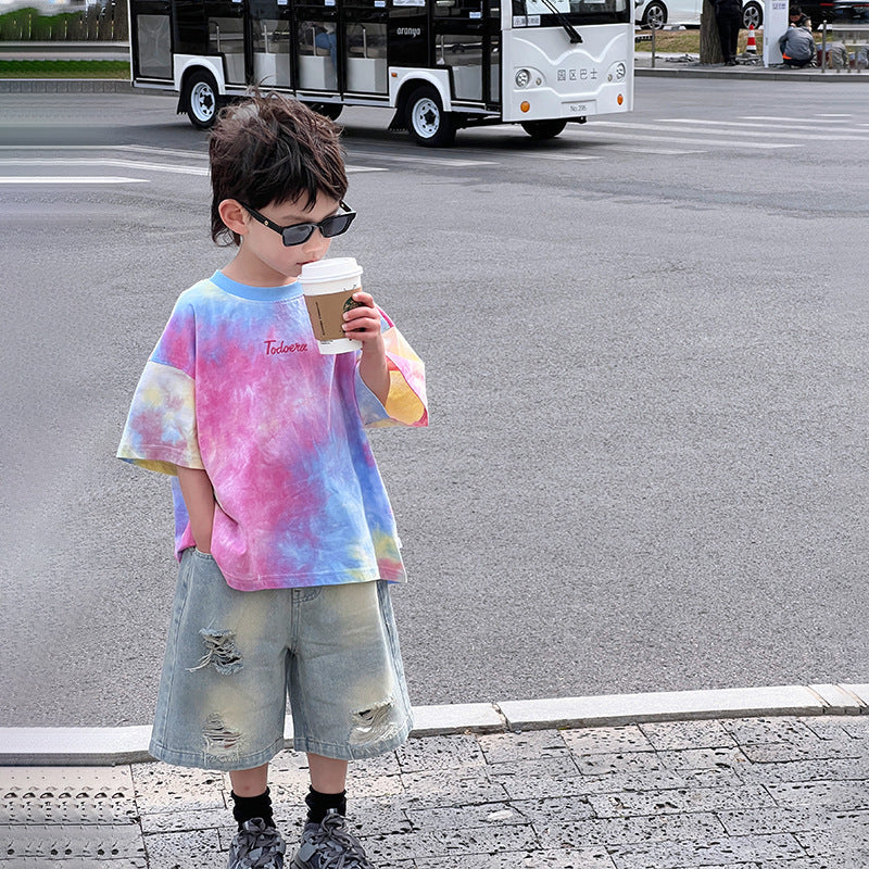 Boys short-sleeved T-shirt 2024 summer new children's half-sleeved middle and large children's street-blasting loose summer tops trendy t wholesale